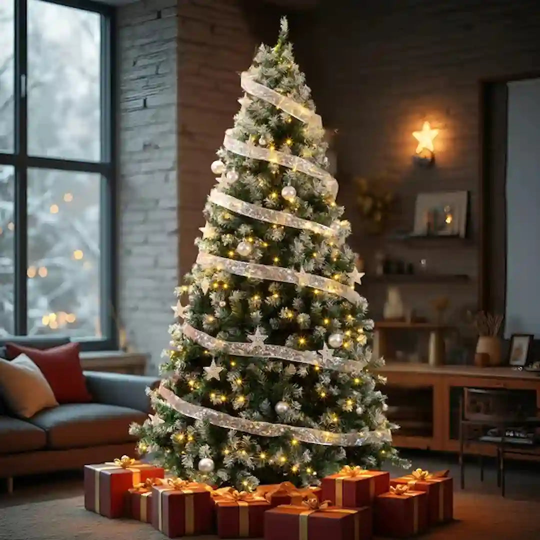 Living room decorated with Simplix artificial Christmas tree