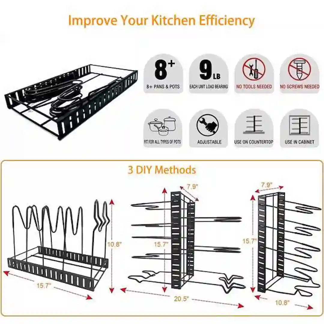 asy no-tool setup of adjustable cookware rack