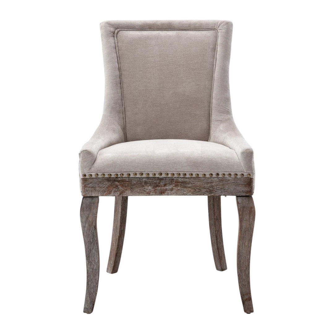 Fabric side dining chair with solid wood legs