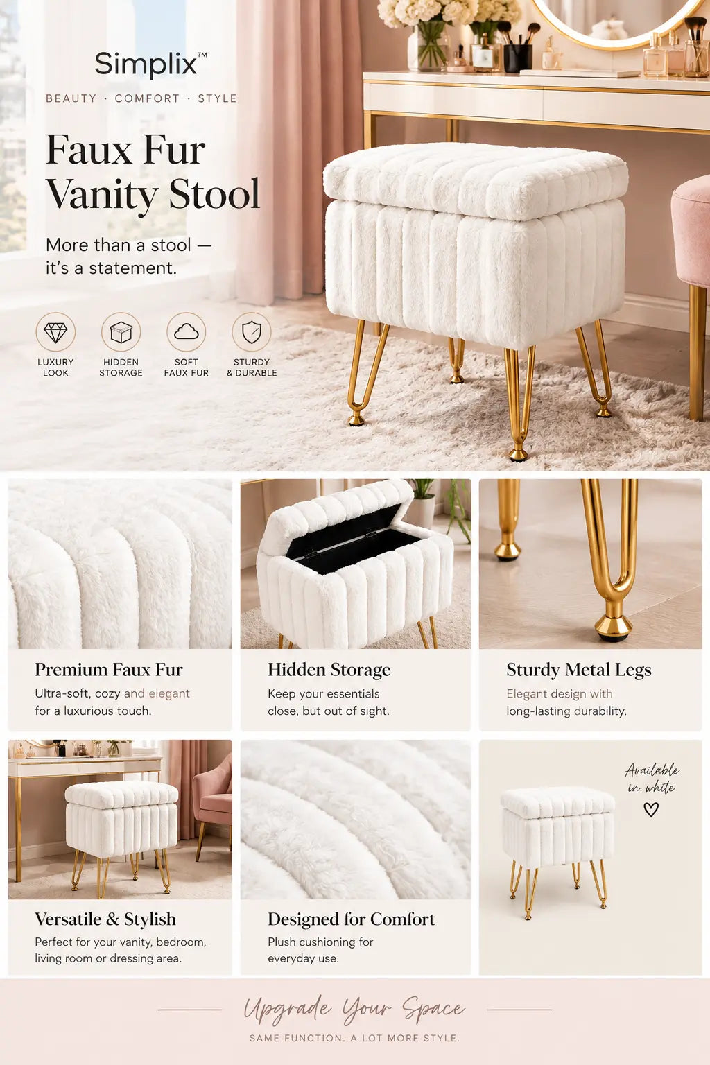 Faux Fur Vanity Stool with Hidden Storage – 10L Capacity | Simplix™