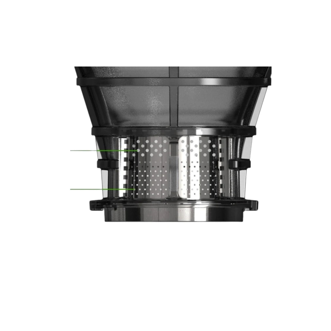 Slow cold press juicer extracting fresh juice with visible pulp separation and smooth liquid output.