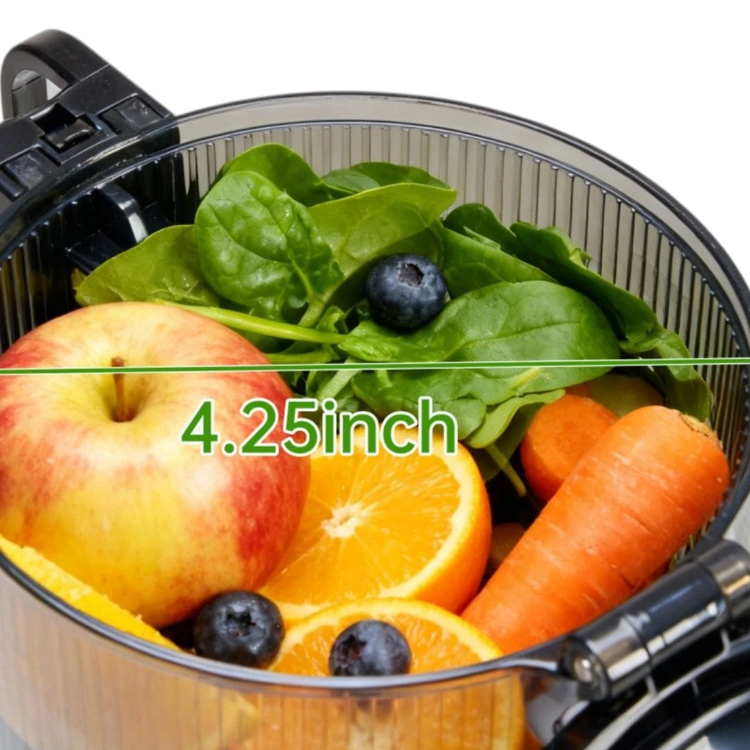 Bladeless juicer with safety lock system preventing operation when lid is open.
