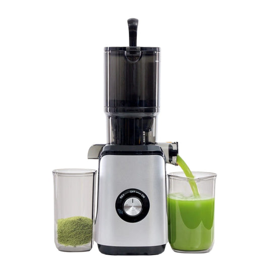 Silver cold press juicer with wide feeding chute designed for whole fruits and vegetables and slow masticating extraction.