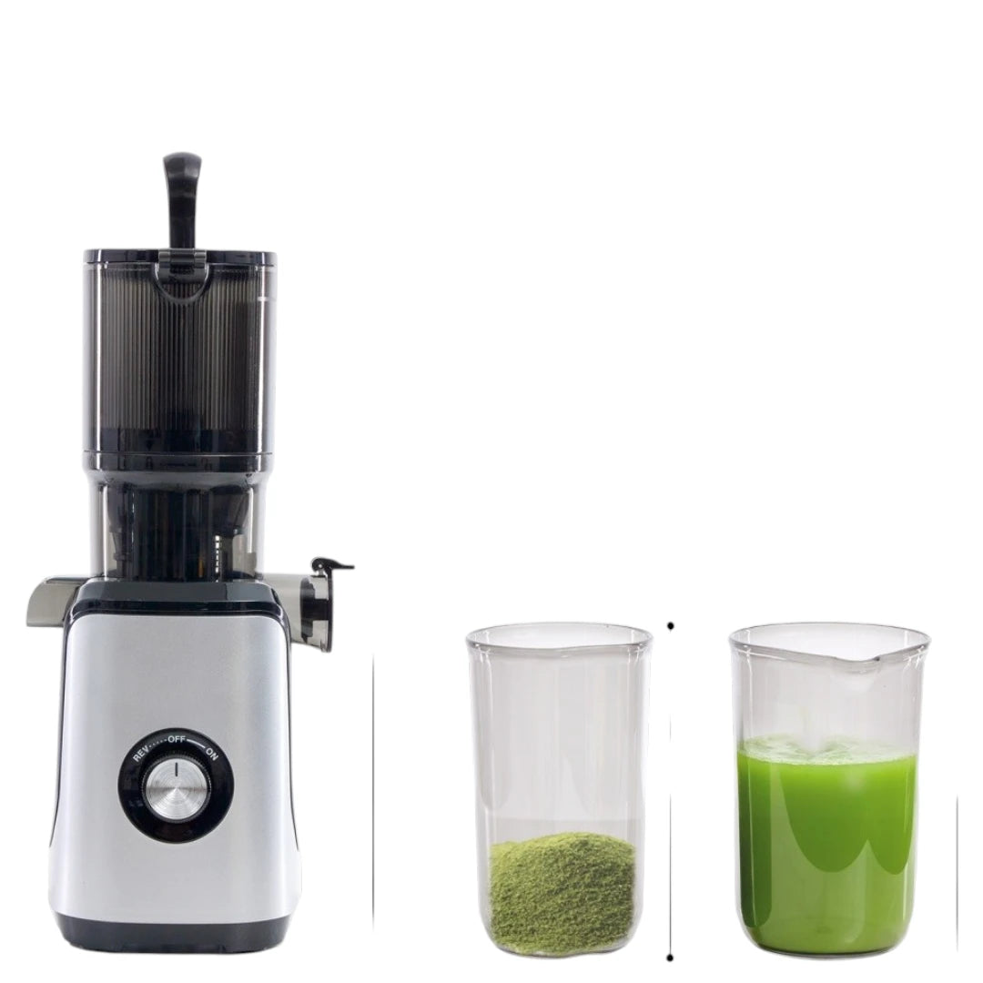 Detachable cold press juicer parts being washed easily under running water.
