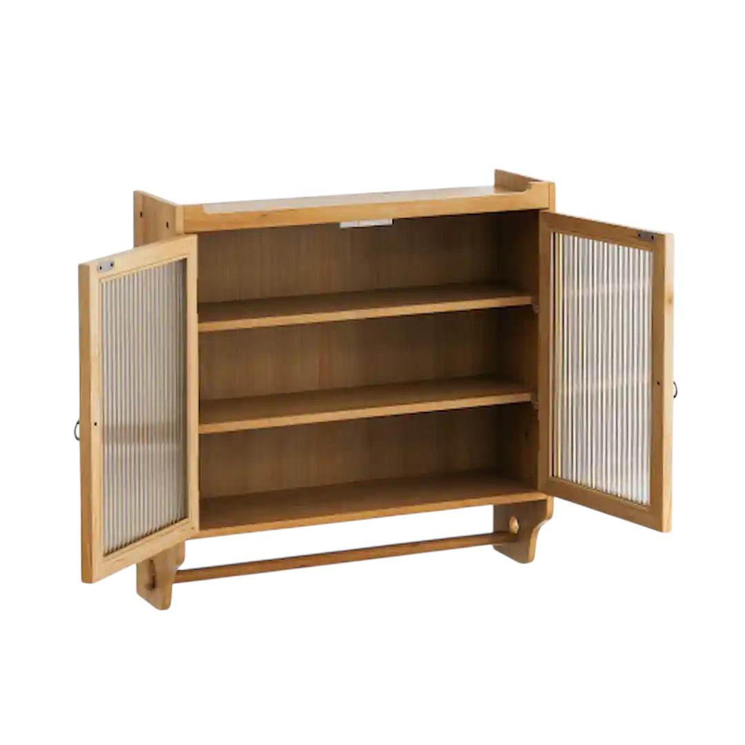 Glass door vintage double door wall cabinet, natural wood finish
