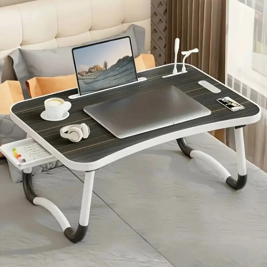 Folding table with cup holder used for laptop and coffee cup