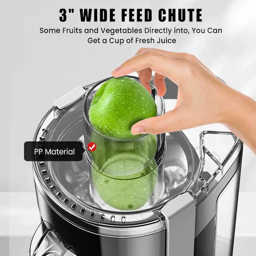 Close-up of Simplix juicer 3-inch wide feeding chute