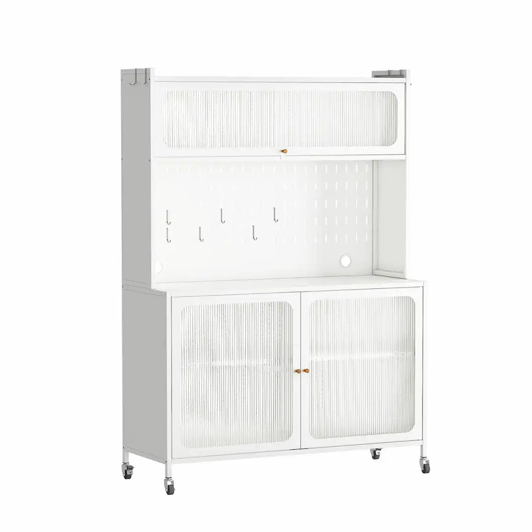 Side angle of tall white pantry cabinet showing design and stability