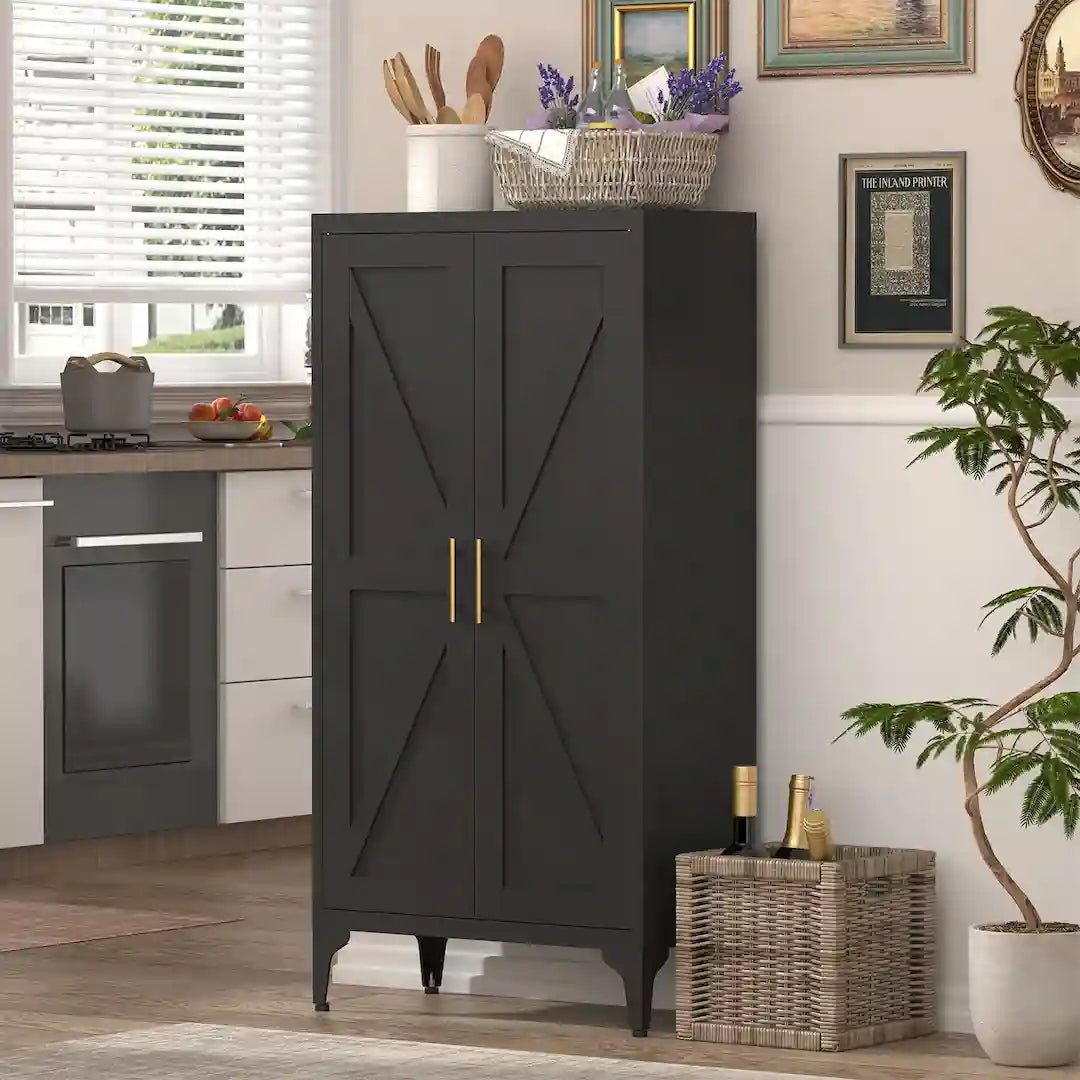 Black steel locker cabinet with double doors and adjustable storage