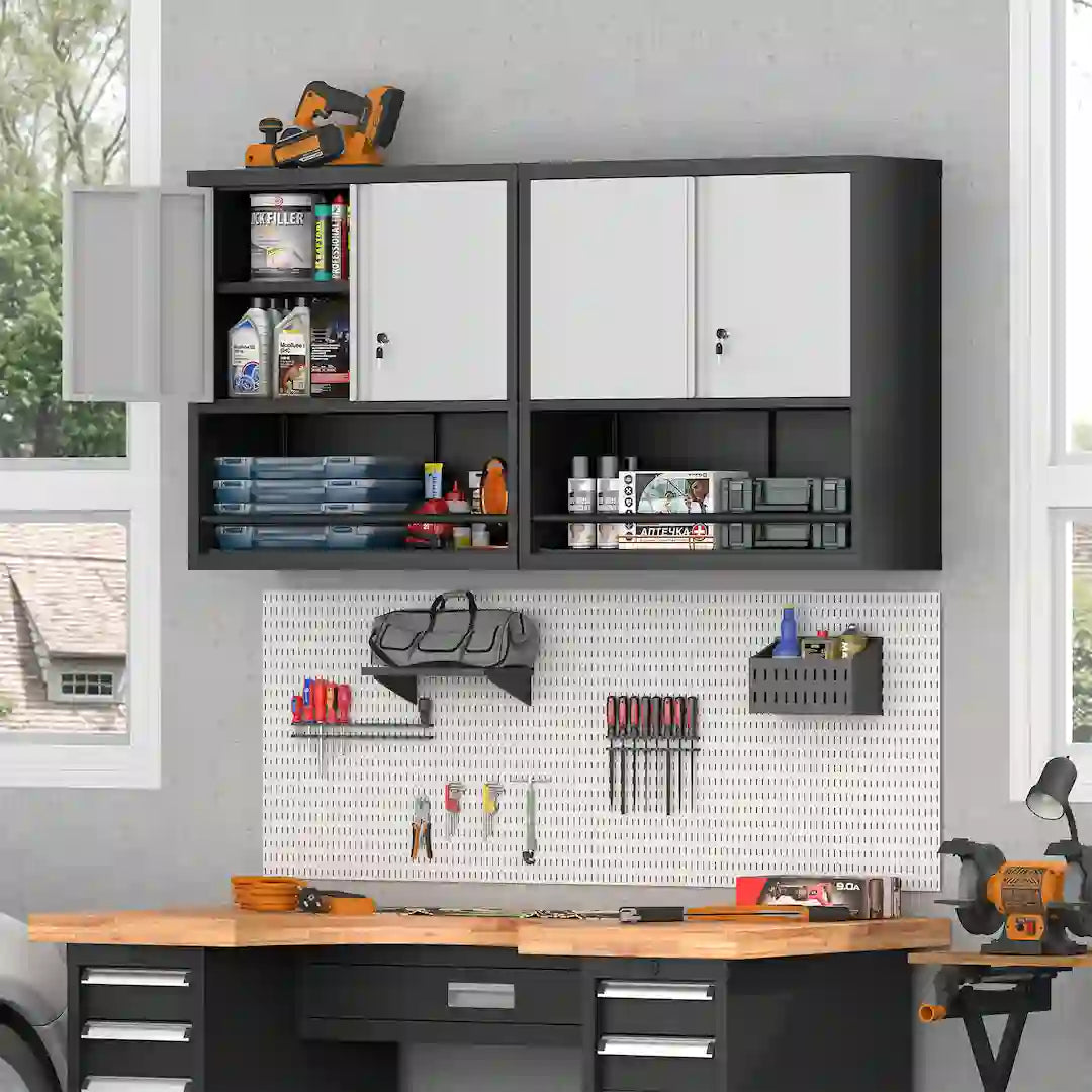 Metal pantry cabinet holding kitchen essentials