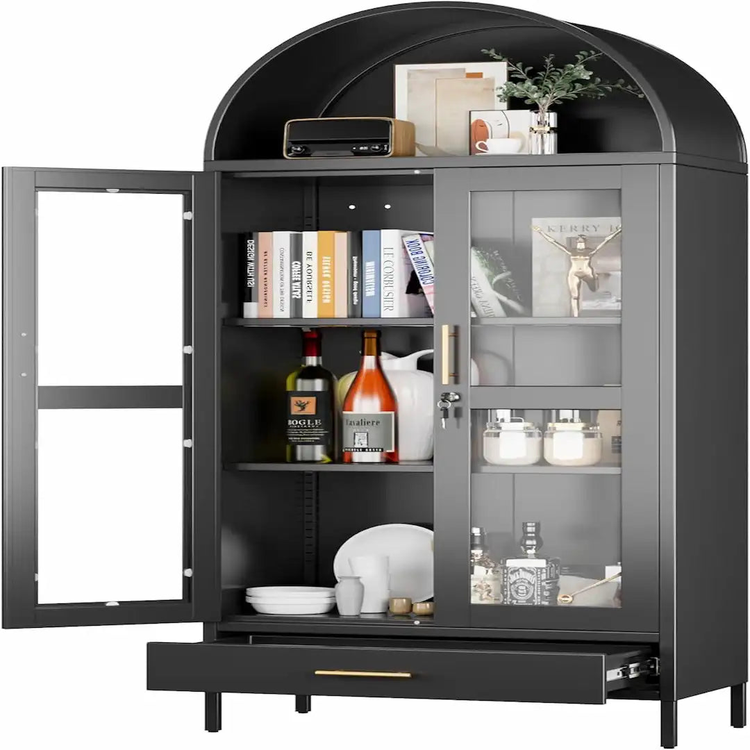 Simplix Black Metal Arched Display Cabinet with Glass Doors