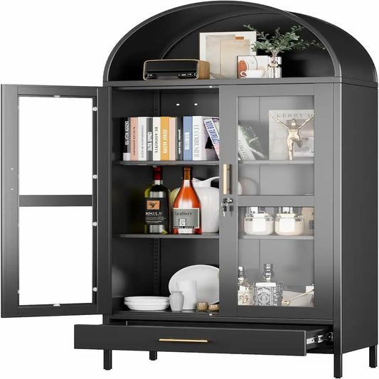 Simplix Black Metal Arched Display Cabinet with Glass Doors