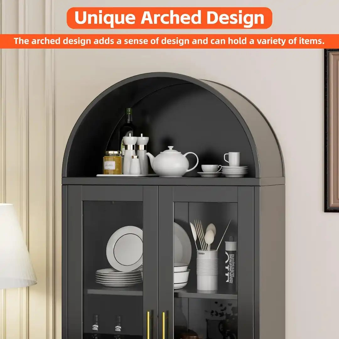Black metal arched cabinet styled in modern living room