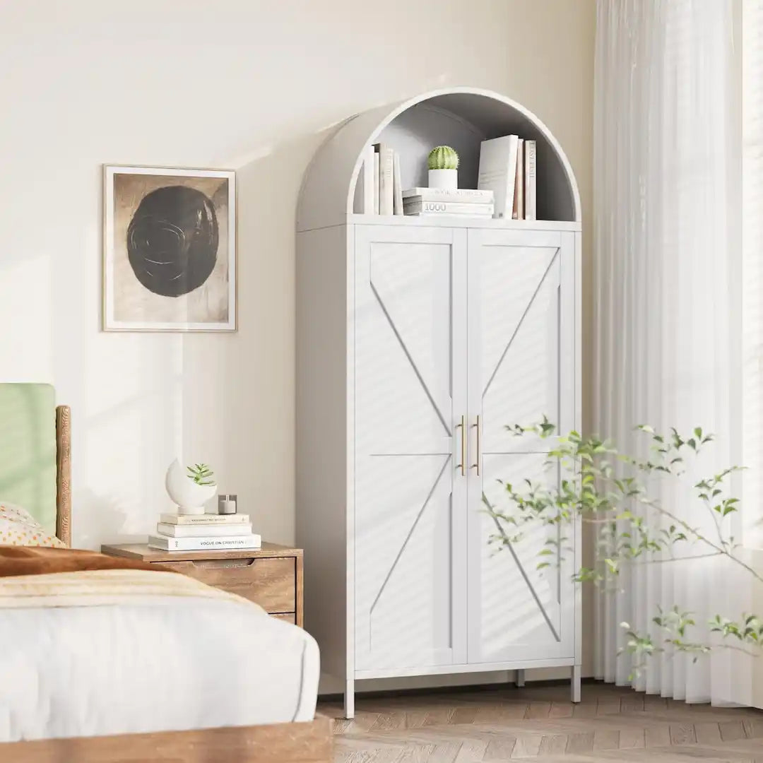 Arched bookcase with doors styled in living room décor