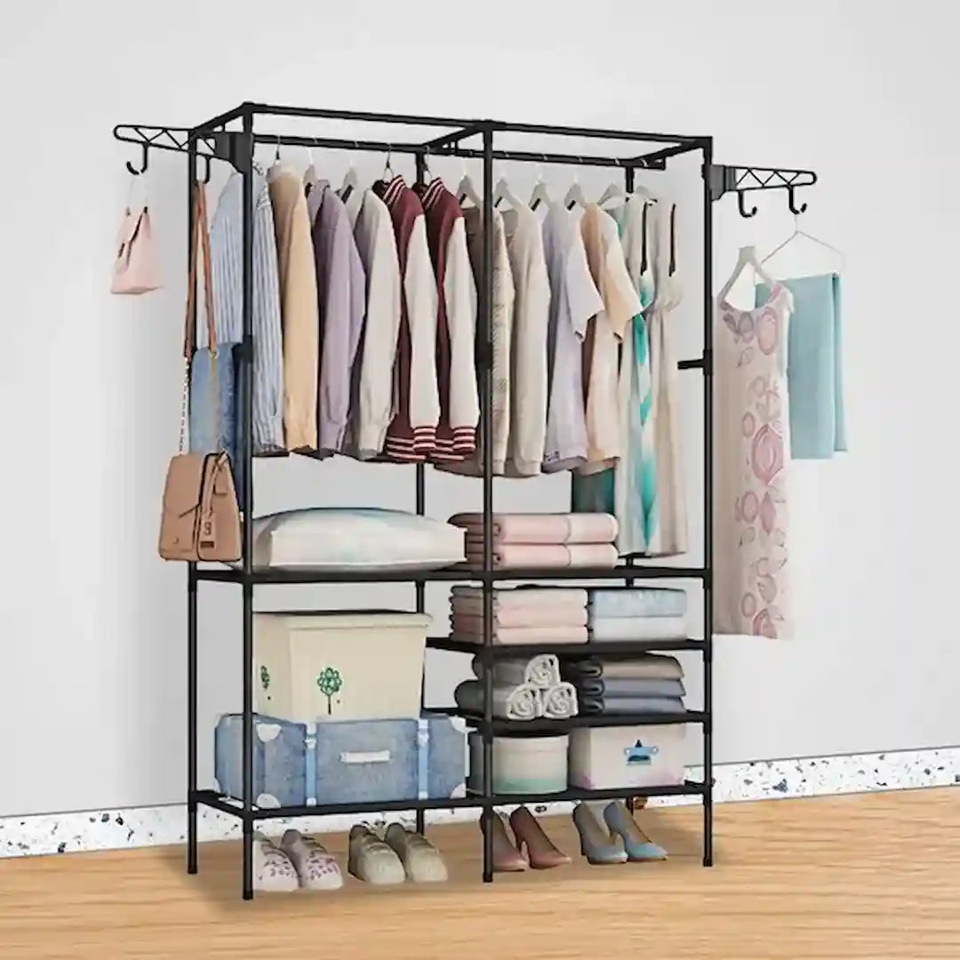 Simplix multifunctional garment rack with shelves and shoe storage