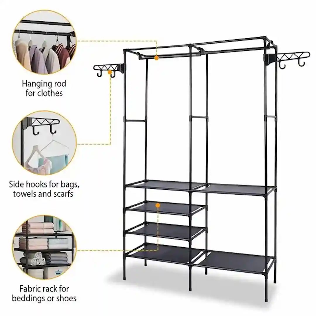 Simplix garment rack with hanging clothes and shoes neatly organized