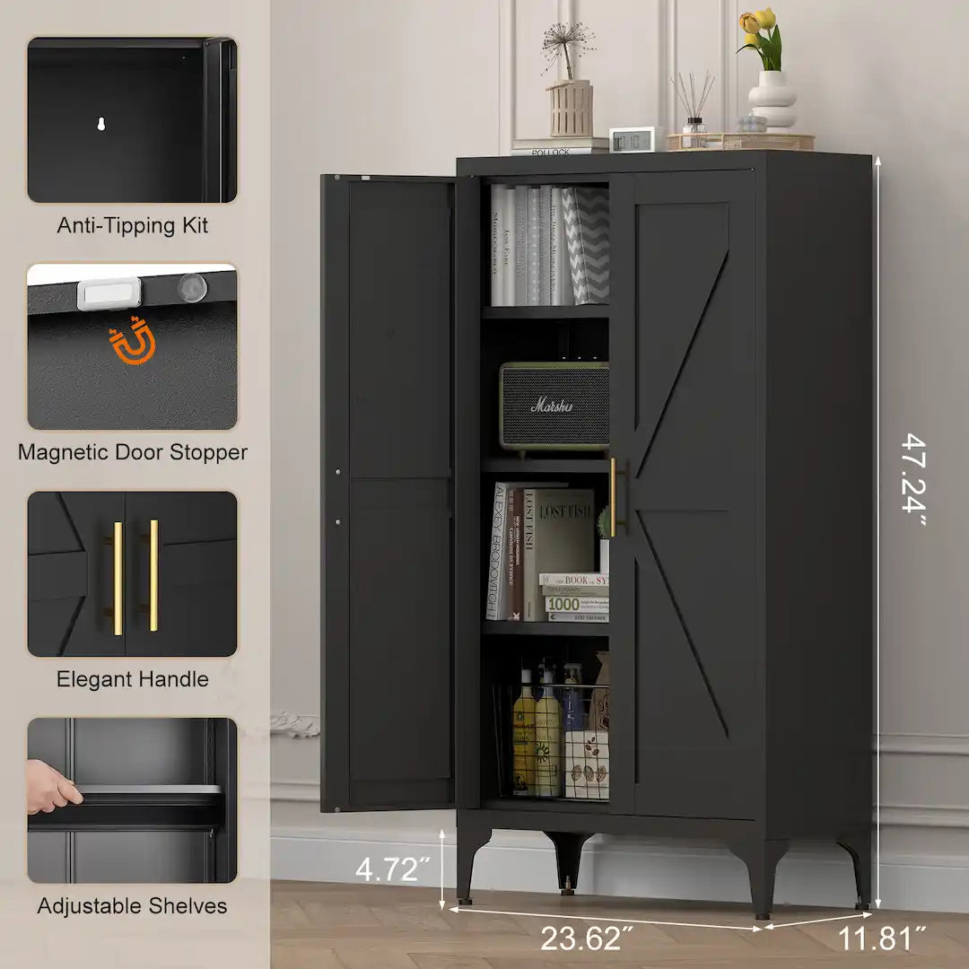 Metal Adjustable 2-Door Storage Cabinet – Kitchen & Pantry Steel Locker with Adjustable Shelves | Black Simplix™