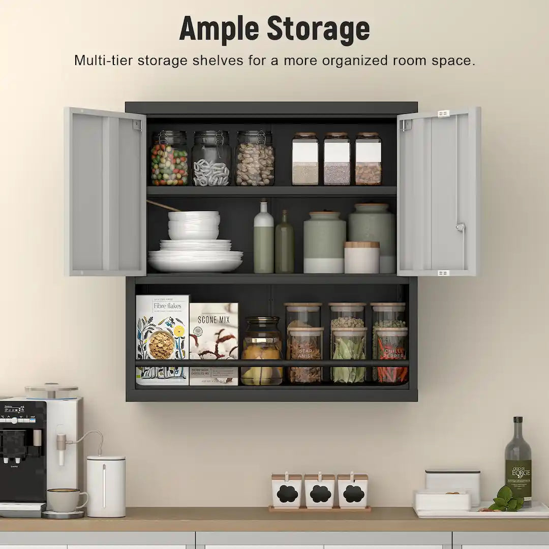 Adjustable shelves inside Simplix steel cabinet