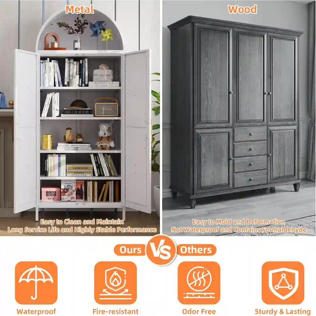 White arched metal cabinet in a modern kitchen