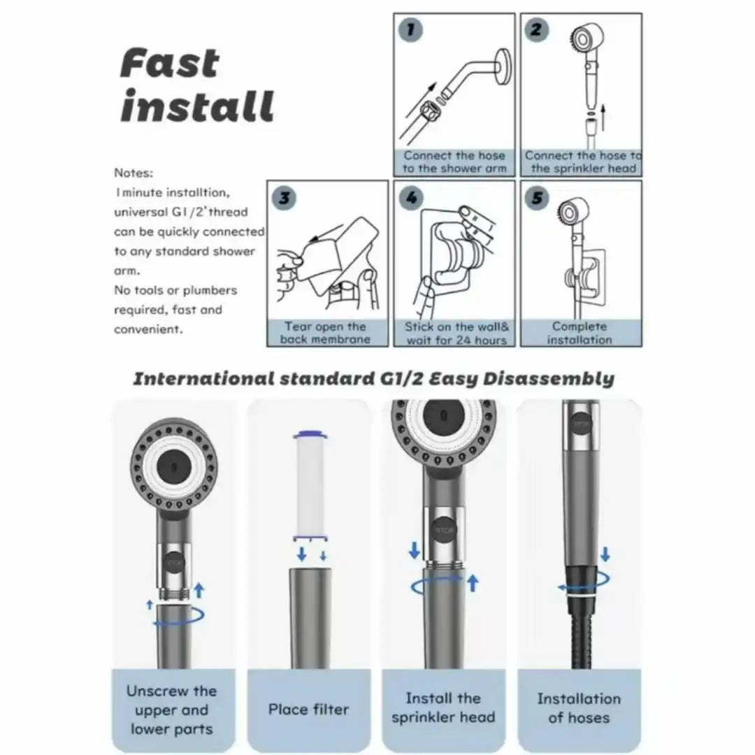 Shower head installed in bathroom with power kit and filters