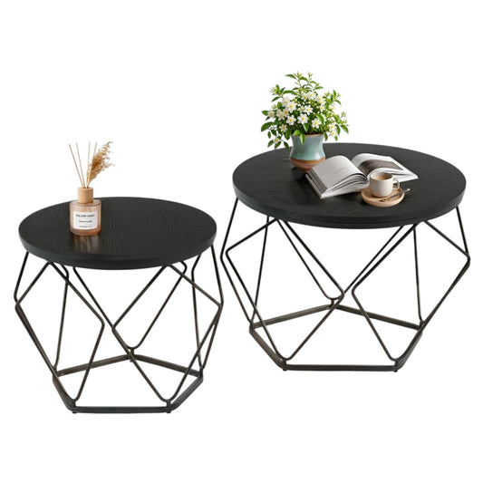 Modern geometric coffee table set with hidden storage, featuring two round nesting tables in contemporary design.