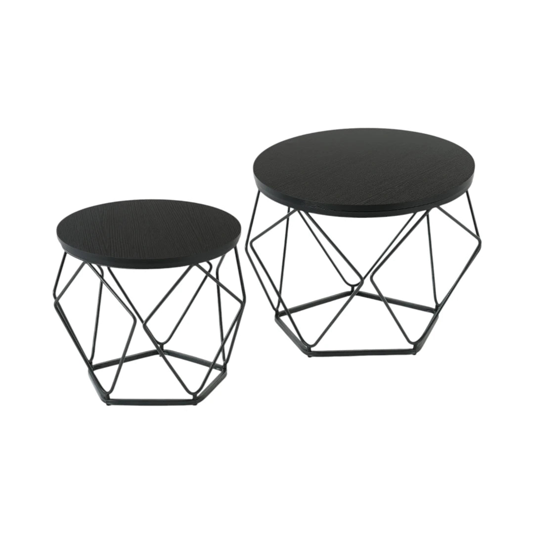 Contemporary round side table with geometric structure and concealed storage space.