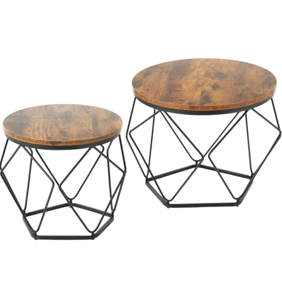 Modern geometric nesting coffee tables placed in a stylish contemporary living room.