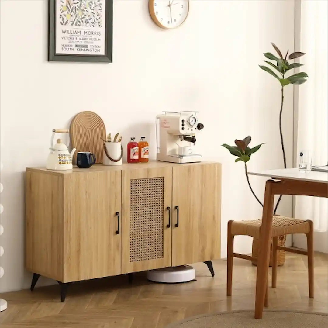 Rattan mesh cabinet doors with elegant wood frame