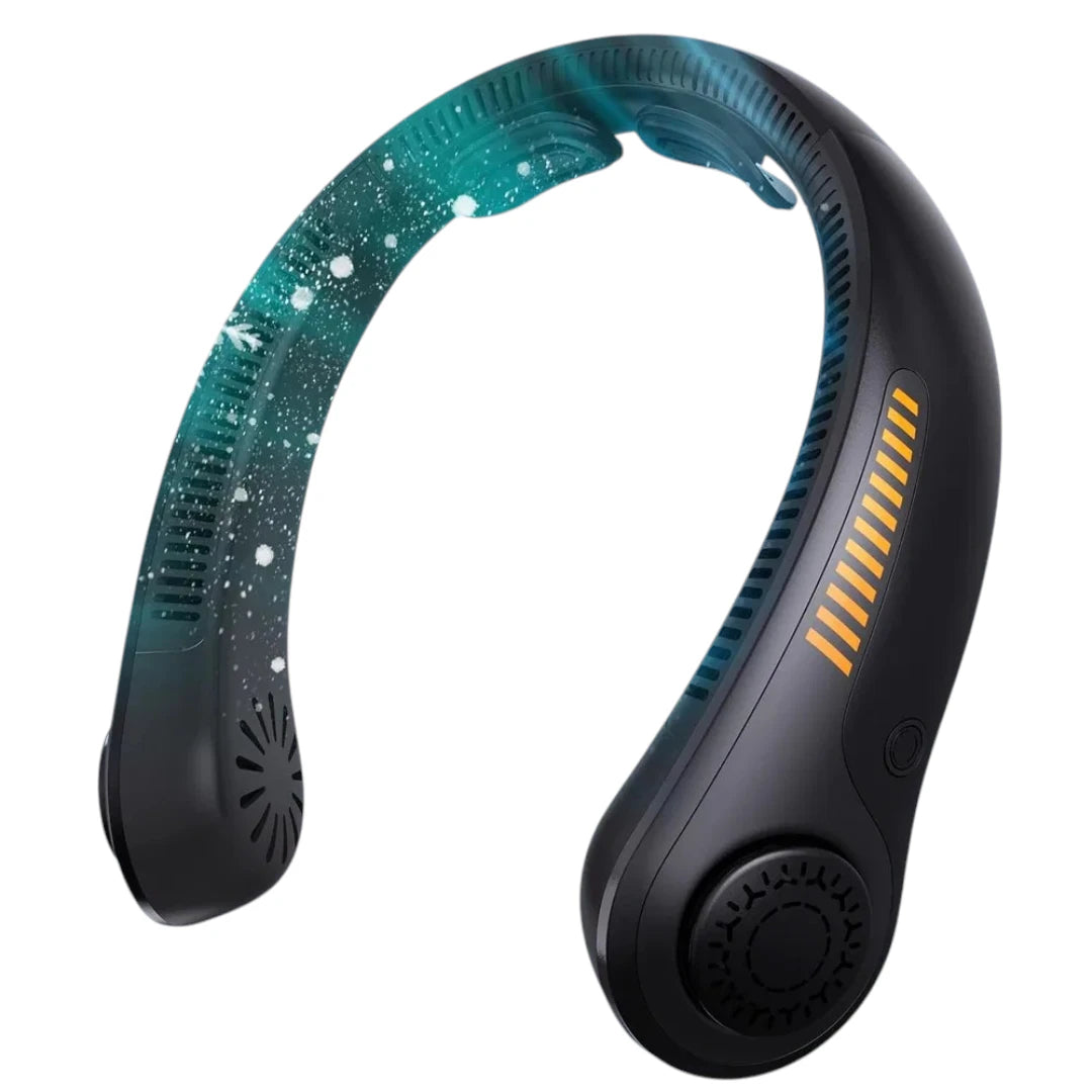 Portable neck fan used during travel, providing quiet personal cooling and all-day comfort.