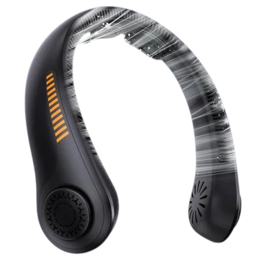 Portable neck fan with rechargeable battery, hands-free personal cooling fan featuring 5 adjustable speeds and lightweight ergonomic neck support.