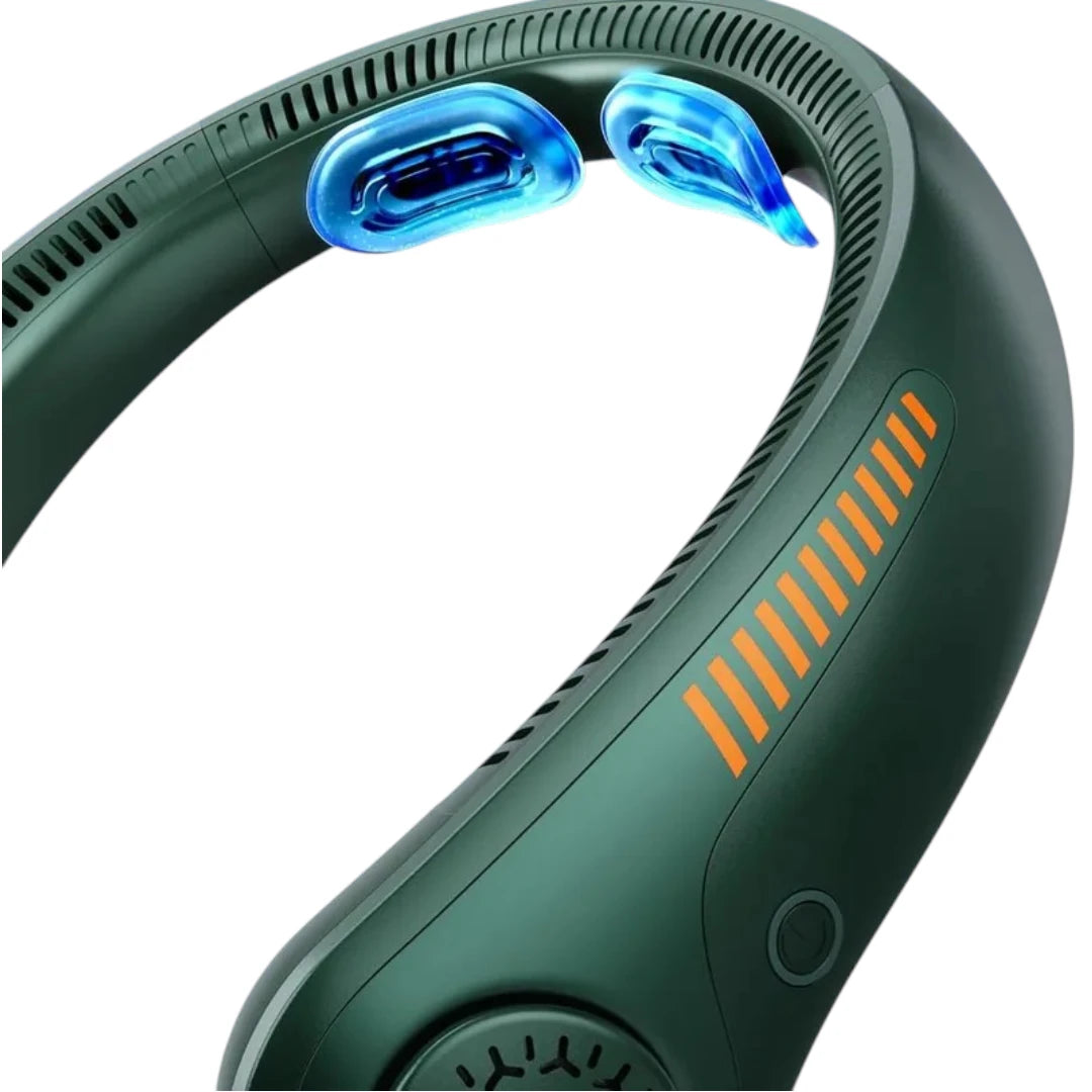 Rechargeable neck fan showing full surround airflow vents and ergonomic lightweight design.