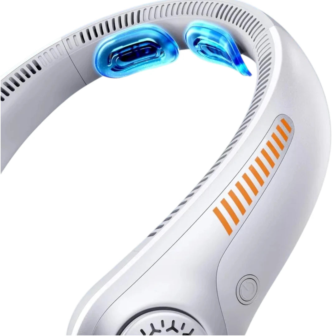 Person wearing a portable neck fan outdoors enjoying hands-free cooling during a hot summer day.