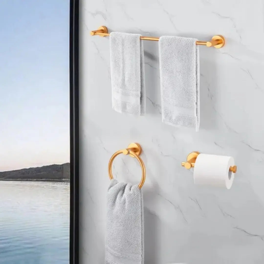 Simplix Brushed Gold 3-Piece Bathroom Hardware Set with Towel Bar, Ring & Holder
