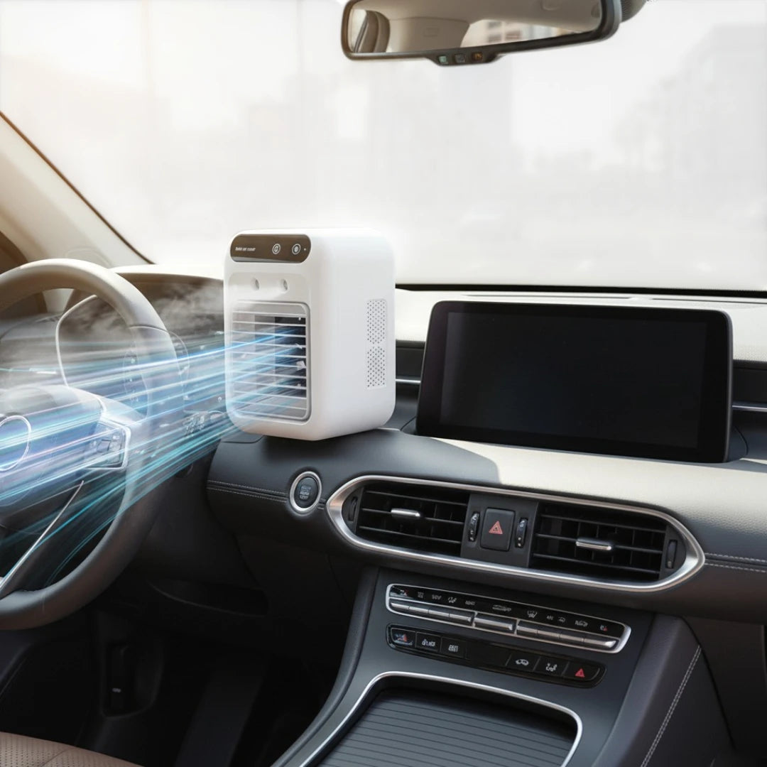 Simplix_portable_air_conditioner_fan_with_water_cooling inside car
