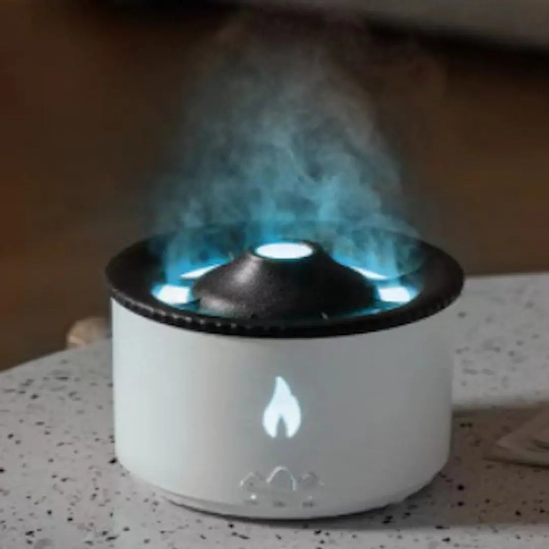 Simplix flame humidifier diffusing mist in a cozy modern living room
