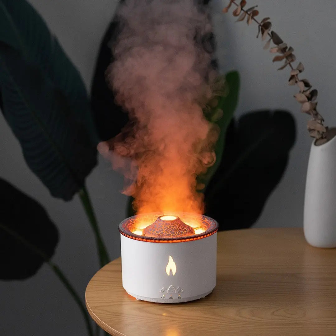 Close-up of Simplix volcano humidifier LED flame effect and spray ring