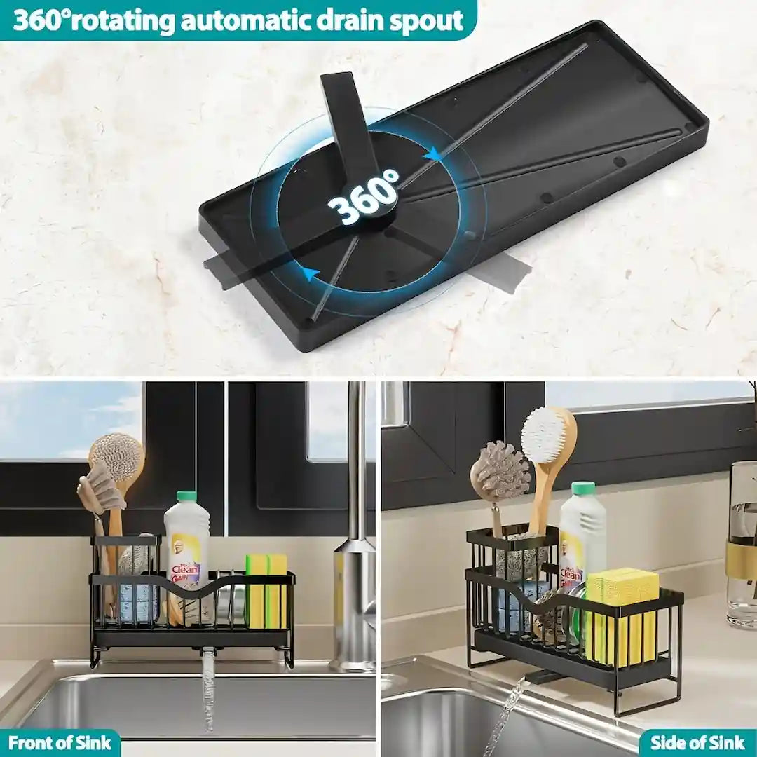 Sponge holder next to kitchen sink with cleaning tools