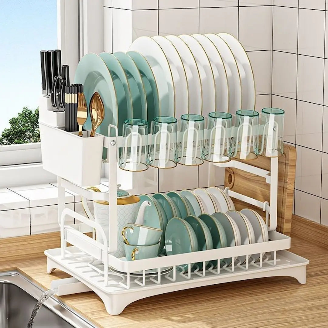 Two-tier Simplix dish rack with removable utensil holder