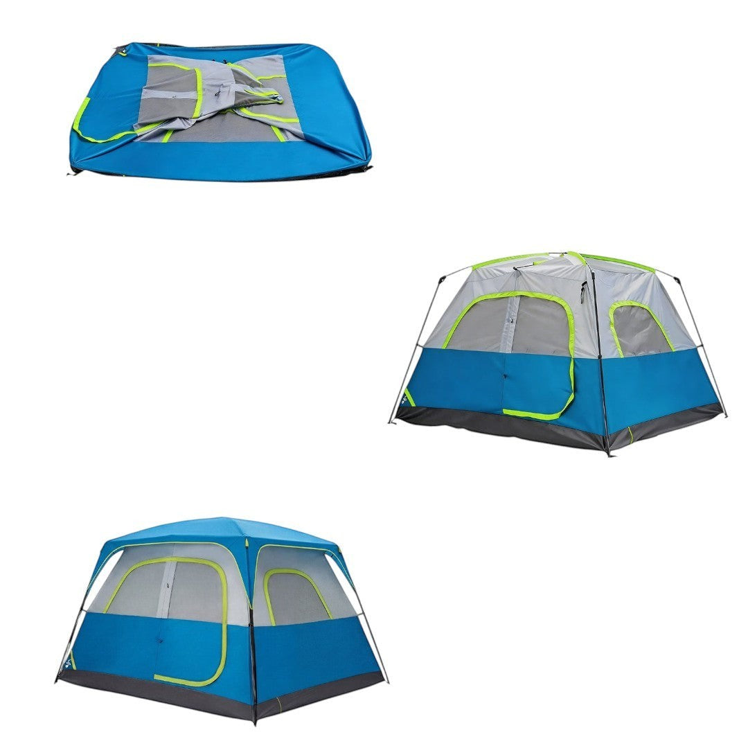 Simplix blue and grey 6-person waterproof camping tent with mesh windows and skylights.