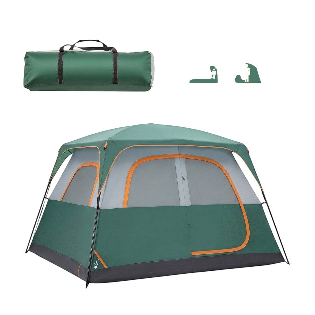 Simplix 6-person green waterproof polyester camping tent with mesh windows and skylights.