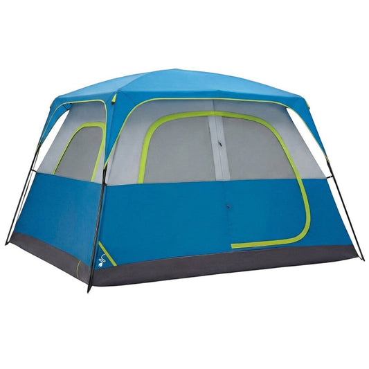 Simplix blue and grey 6-person waterproof camping tent with mesh windows and skylights.