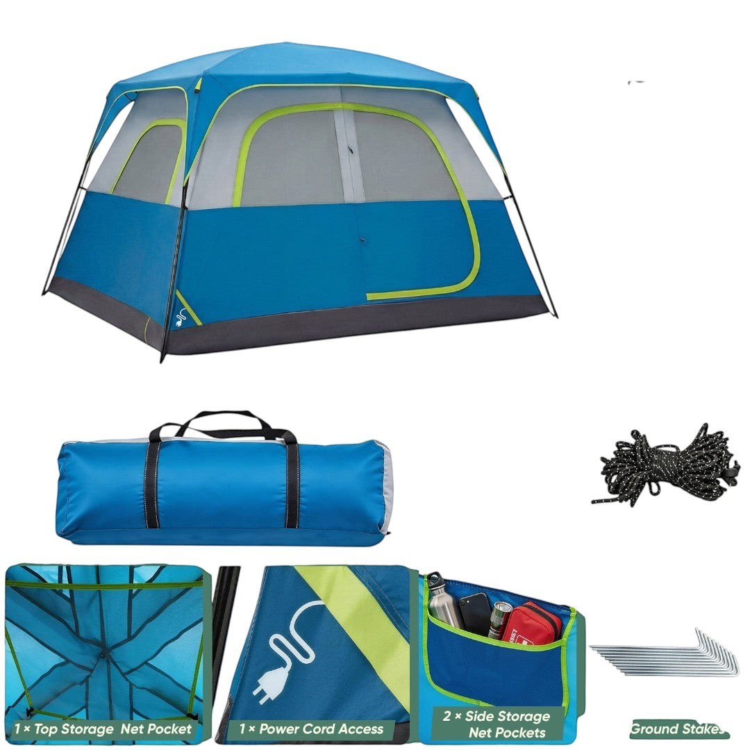 Simplix blue and grey 6-person waterproof camping tent with mesh windows and skylights, includes storage bag, stakes, and rope.