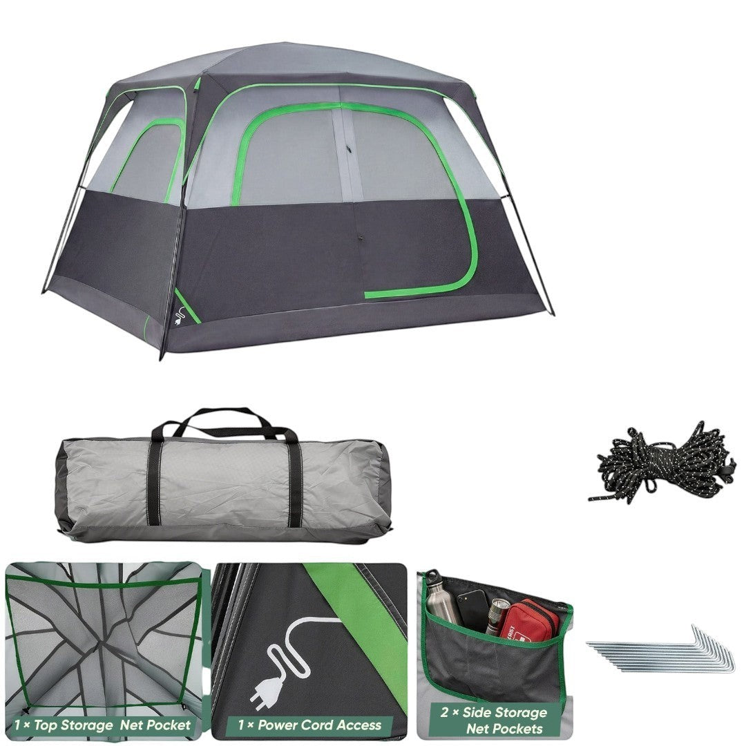Simplix 6-person dark grey and light grey waterproof camping tent with green trim, mesh windows, and skylights. Includes storage bag, stakes, and rope.