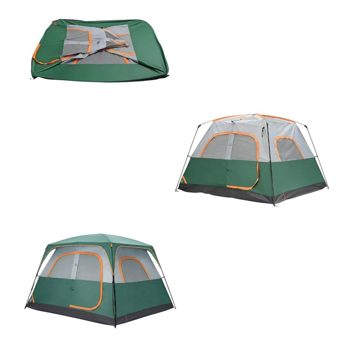 Simplix 6-person green and grey waterproof camping tent with mesh windows and skylights.