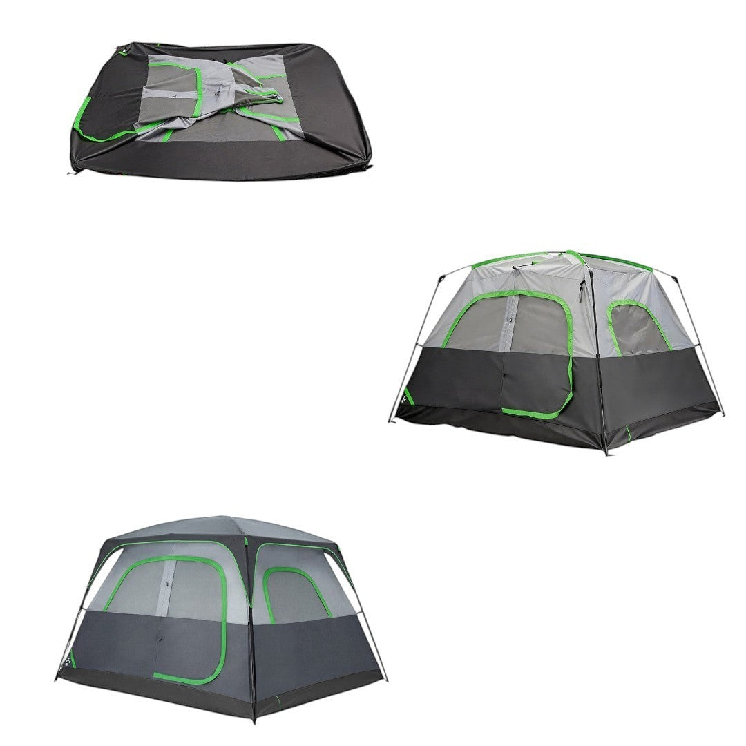 Simplix 6-person dark grey and green waterproof polyester camping tent with mesh windows and skylights.