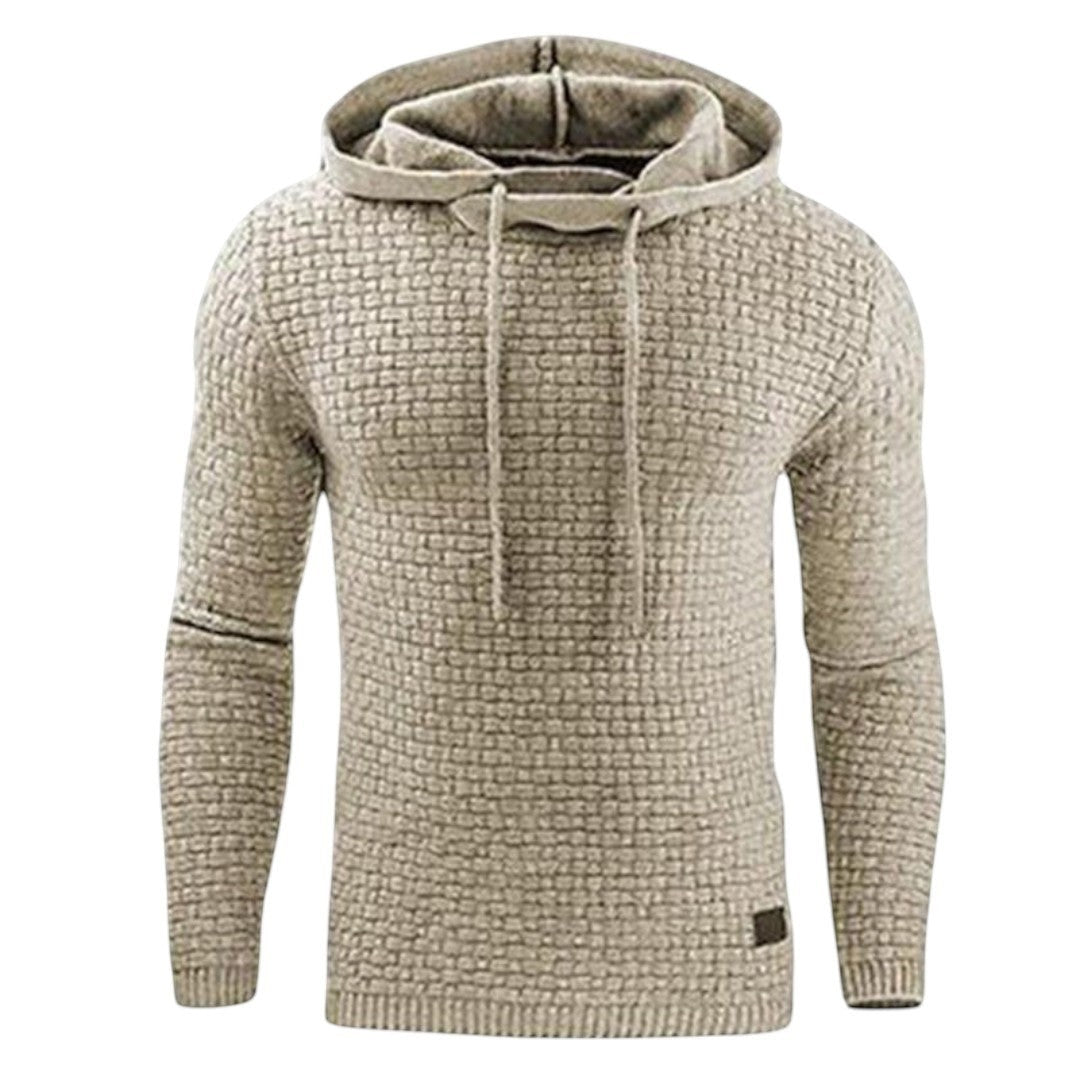 Simplix men's beige knit hoodie sweater with drawstring and textured brick pattern. Casual pullover for everyday comfort.