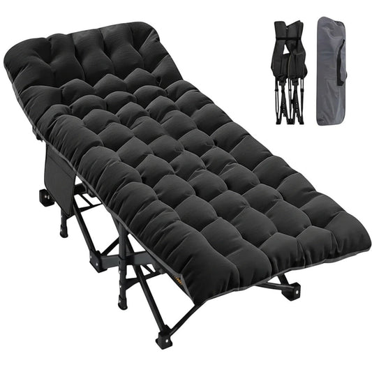 Simplix black foldable camping bed with thick detachable mattress and reinforced steel frame, 500 lbs capacity.