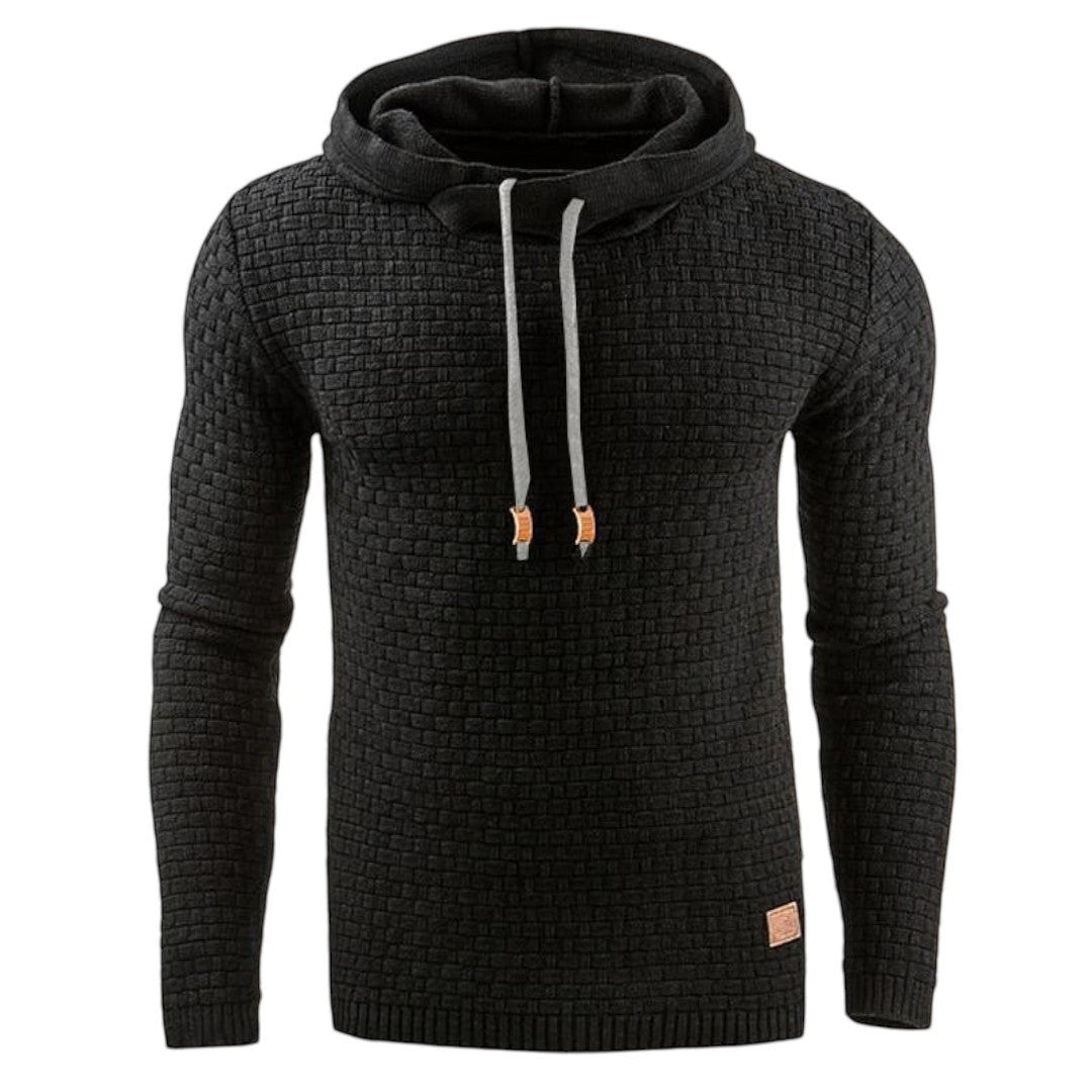 Simplix men's black textured knit pullover hoodie with drawstring and a casual fit, made from a cotton blend.