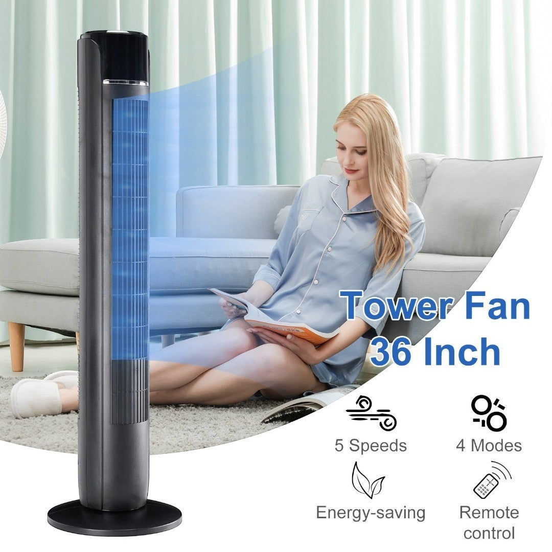 Simplix 35-inch black oscillating tower fan with remote control, 5 speeds, and 4 modes, shown in a living room setting with a woman reading.