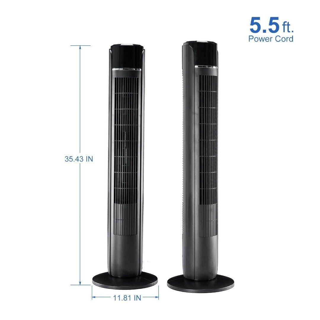Simplix 35-inch black oscillating tower fan with remote control and 5 speeds. Quiet operation for home or office.